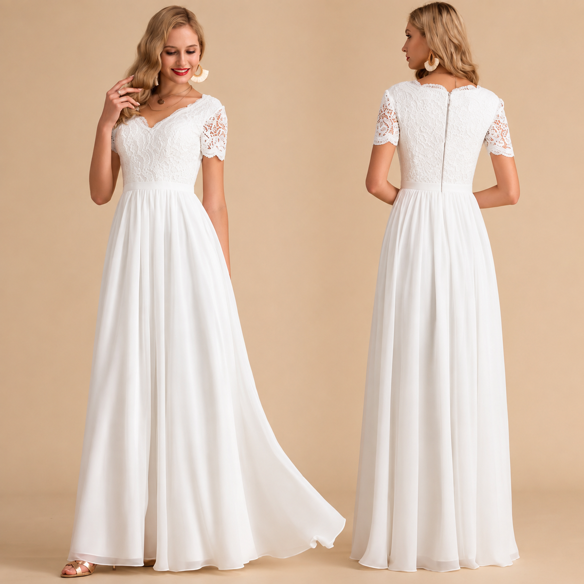Erika | Vestido de novia largo boho con mangas de encaje y escote en V