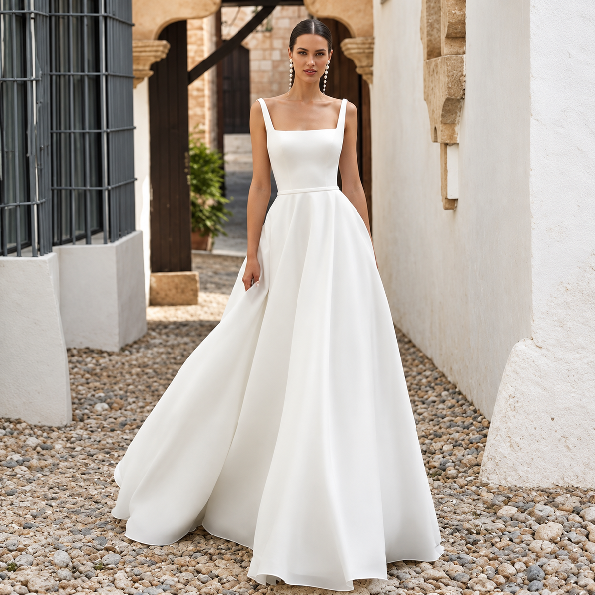 Lila | Vestido de novia minimalista de tirantes anchos con espalda cuadrada