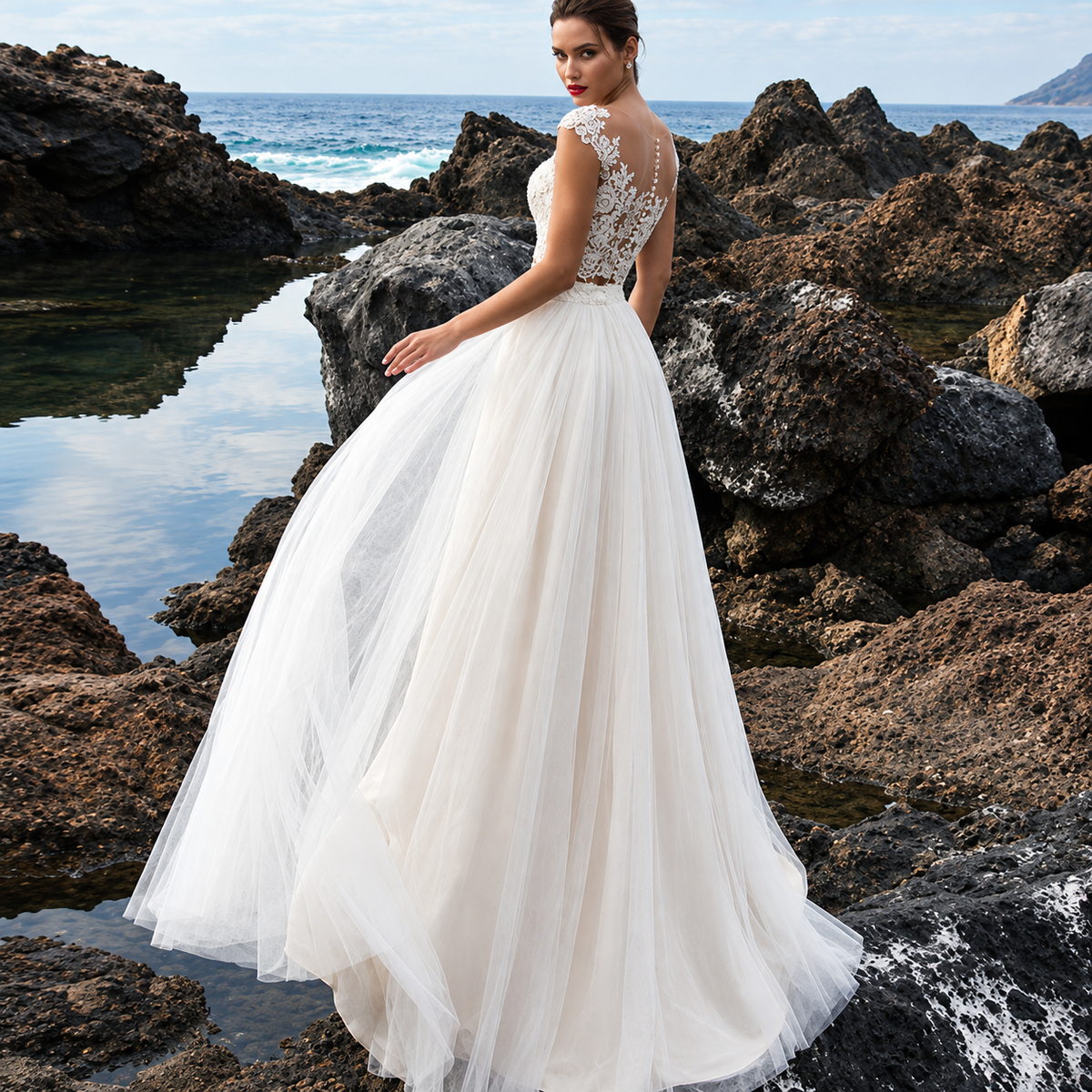 Lorena | Vestido de novia dos piezas con top de encaje y falda de tul