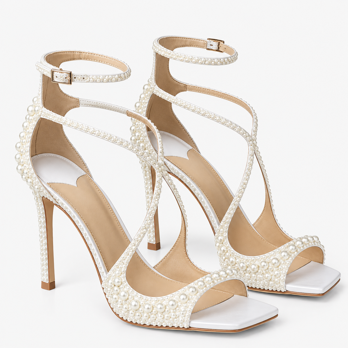 Paloma | Sandalias de novia de tacón con perlas y tiras cruzadas