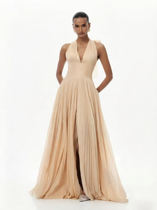 Jessica | Vestido largo color champán/beige con escote halter