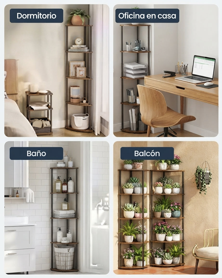 Zaragoza | Estantería Esquinera con 5 Niveles, Librería, Montaje Superrápido sin Herramientas, Acero, Robusto, 38,3 x 27 x 139 cm, para Plantas, Salón, Marrón Rústico
