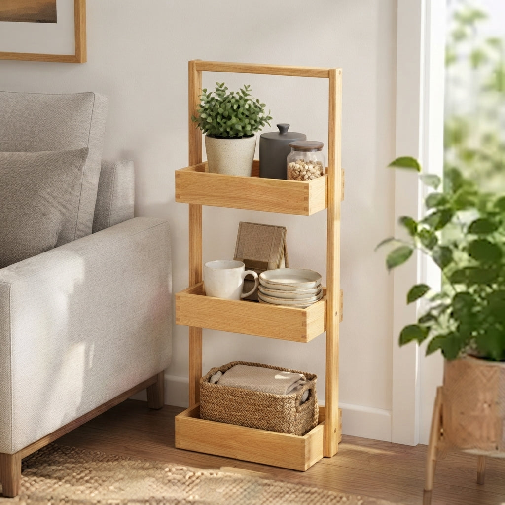 Tarragona | Estante Organizador de Bambú Natural con 3 Niveles y Asa Superior, Carrito de Almacenamiento Vertical para Baño, Cocina y Dormitorio, Mueble Auxiliar Compacto de 26x17x70 cm