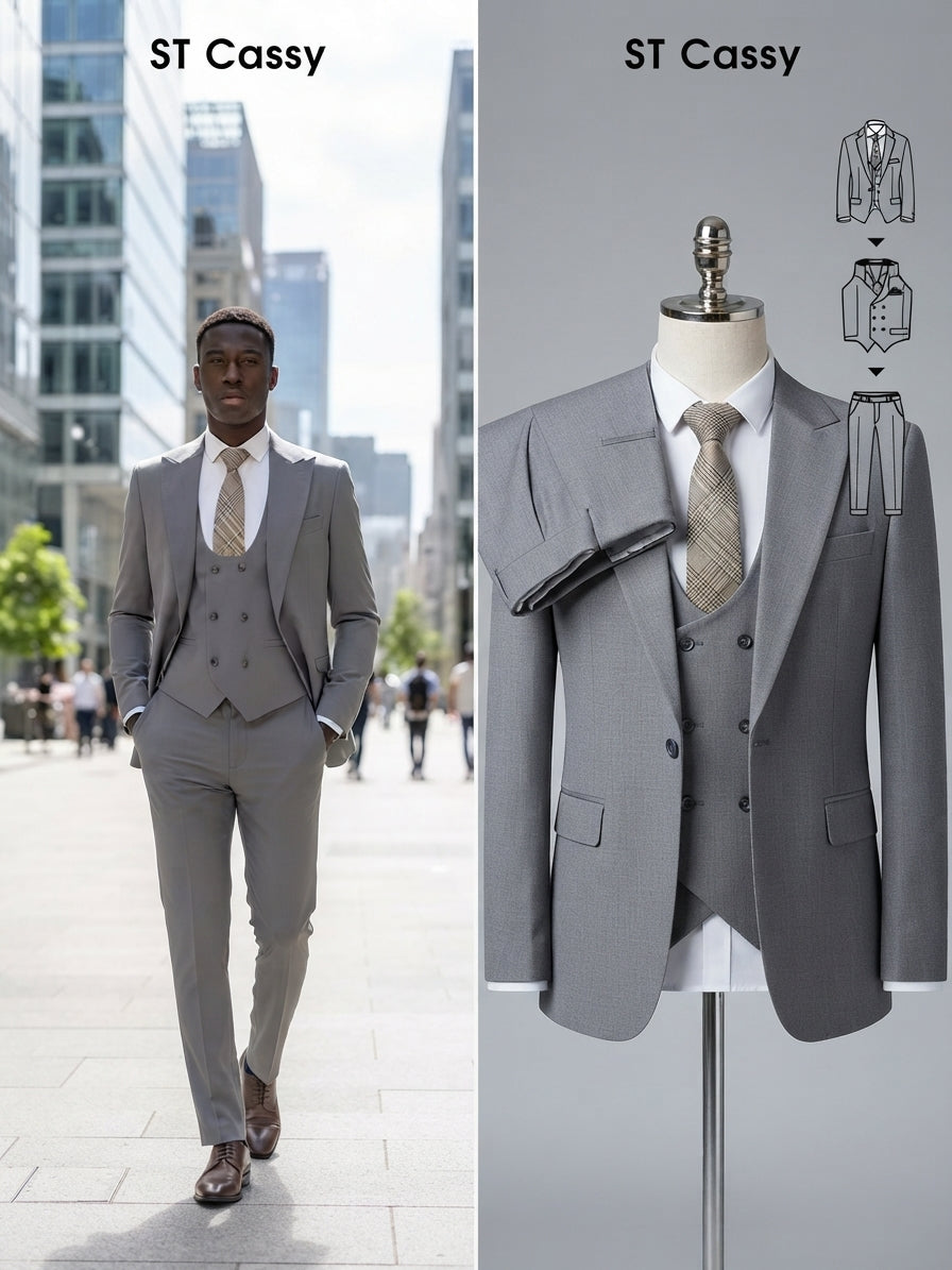 Ramón | Traje gris de 3 piezas con chaleco cruzado – elegancia ejecutiva