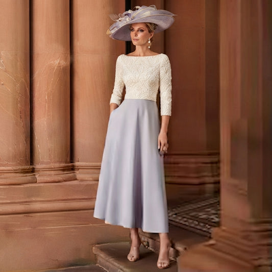 Laura | Vestido midi bicolor con encaje, elegancia para madrina o invitada