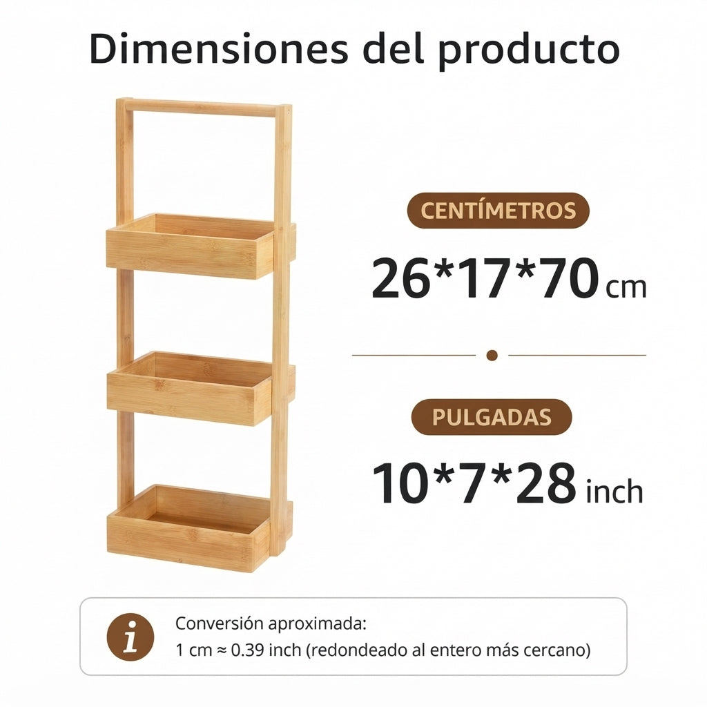 Tarragona | Estante Organizador de Bambú Natural con 3 Niveles y Asa Superior, Carrito de Almacenamiento Vertical para Baño, Cocina y Dormitorio, Mueble Auxiliar Compacto de 26x17x70 cm