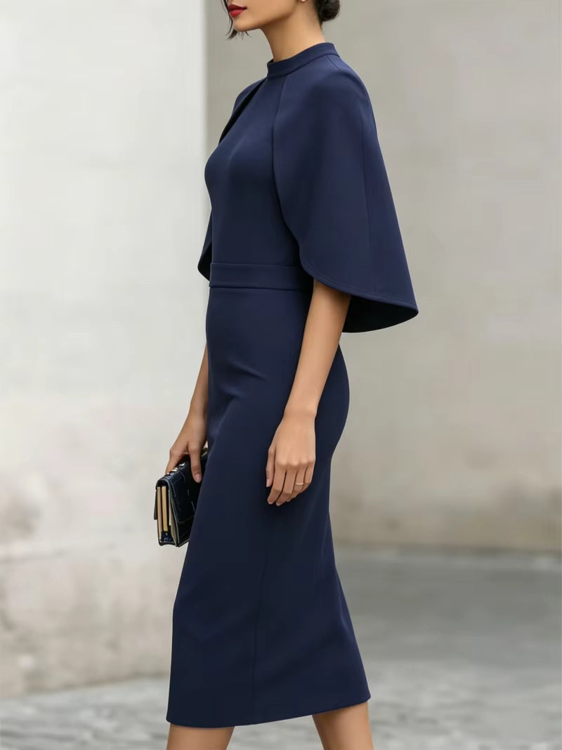 Maribel | Vestido Midi Lápiz con Capa Incorporada y Cuello Alto