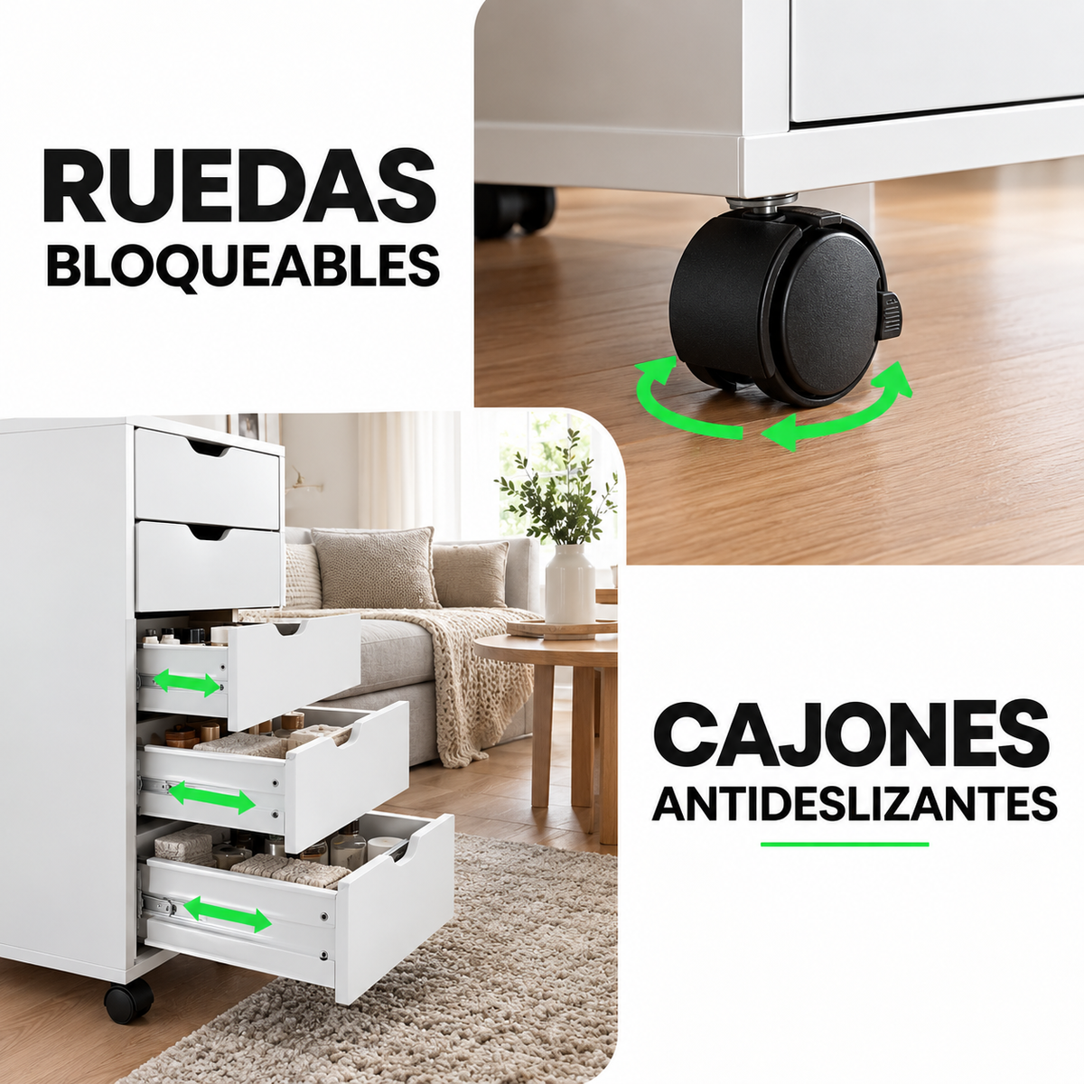 Granada | Cajonera Blanca Nórdica con Ruedas, el Secreto de un Escritorio Despejado