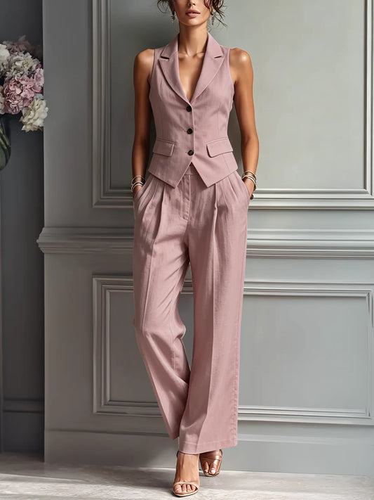 Clara | Traje de Dos Piezas Rosa Empolvado con Chaleco Entallado y Pantalón de Pierna Ancha