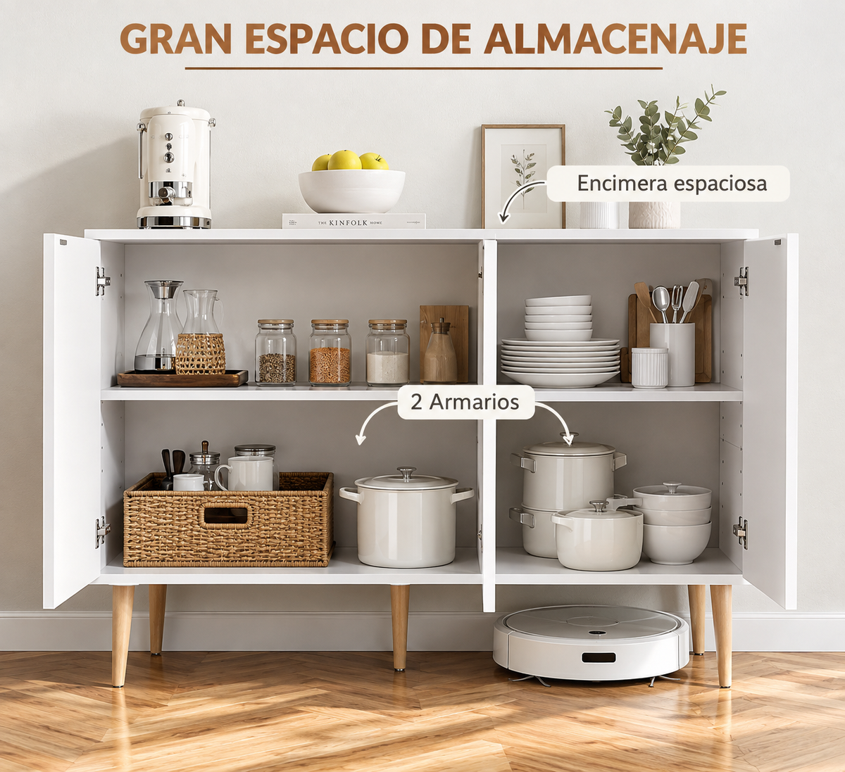 Menorca | Aparador de Diseño en Blanco con Armarios de Doble Nivel