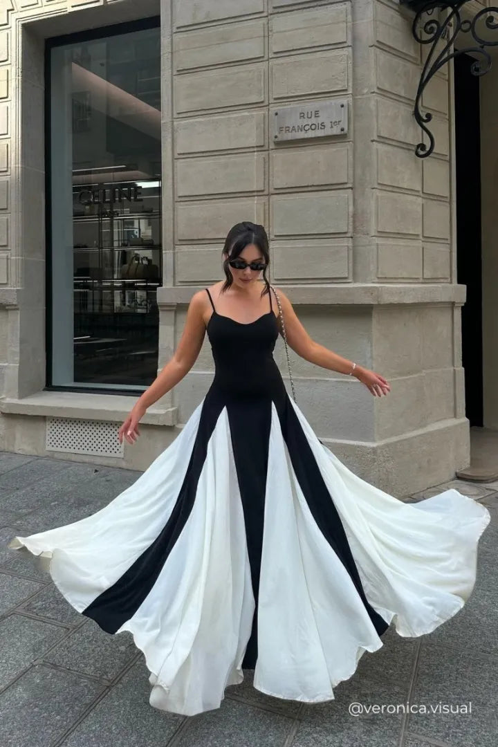 Carla | Vestido Largo Bicolor Blanco y Negro con Vuelo Espectacular