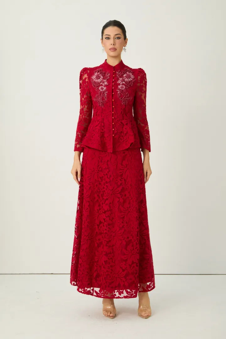 Elena | Vestido Largo Rojo de Encaje con Pedrería