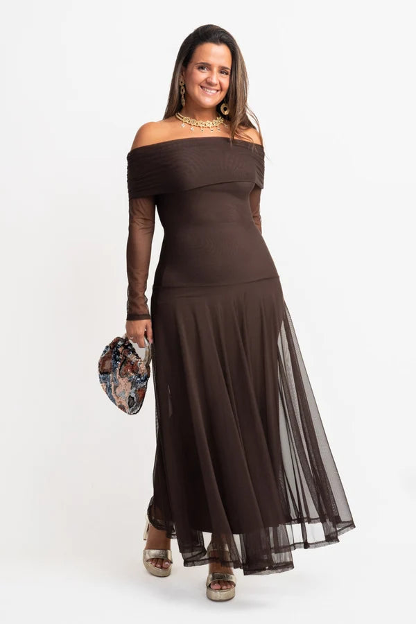 Julieta | Vestido Largo de Tul Marrón con Escote Bardot