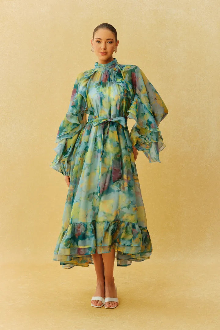 Katy | Vestido midi de cuello alto con volantes y estampado verde hermoso