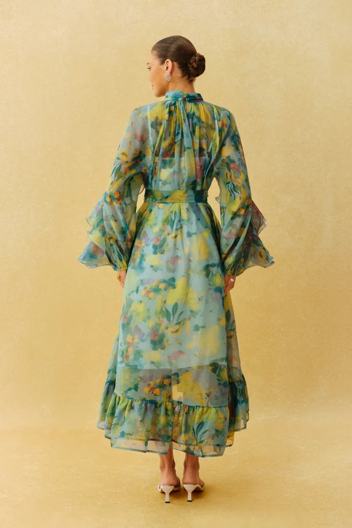 Katy | Vestido midi de cuello alto con volantes y estampado verde hermoso