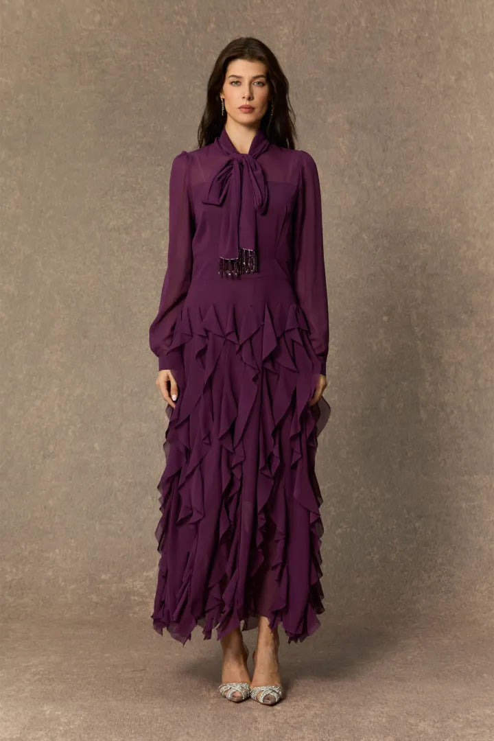 Magda | Vestido Midi Ciruela con Lazo y Flecos de Volantes