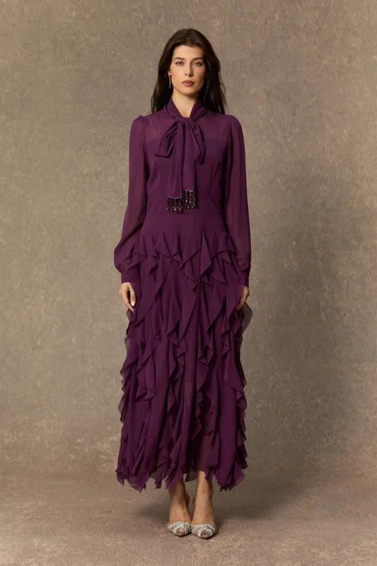 Magda | Vestido Midi Ciruela con Lazo y Flecos de Volantes