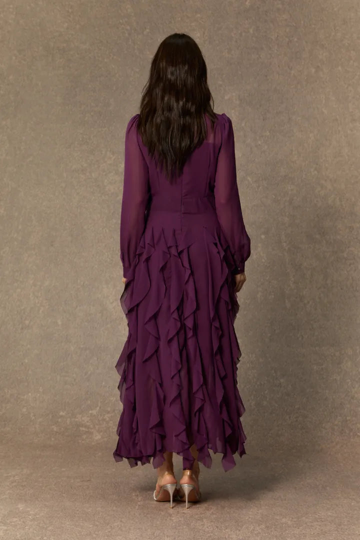 Magda | Vestido Midi Ciruela con Lazo y Flecos de Volantes