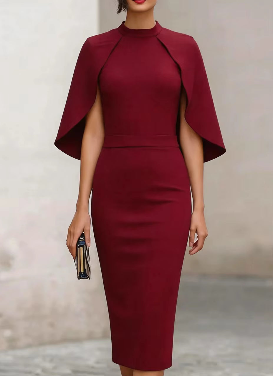 Maribel | Vestido Midi Lápiz con Capa Incorporada y Cuello Alto