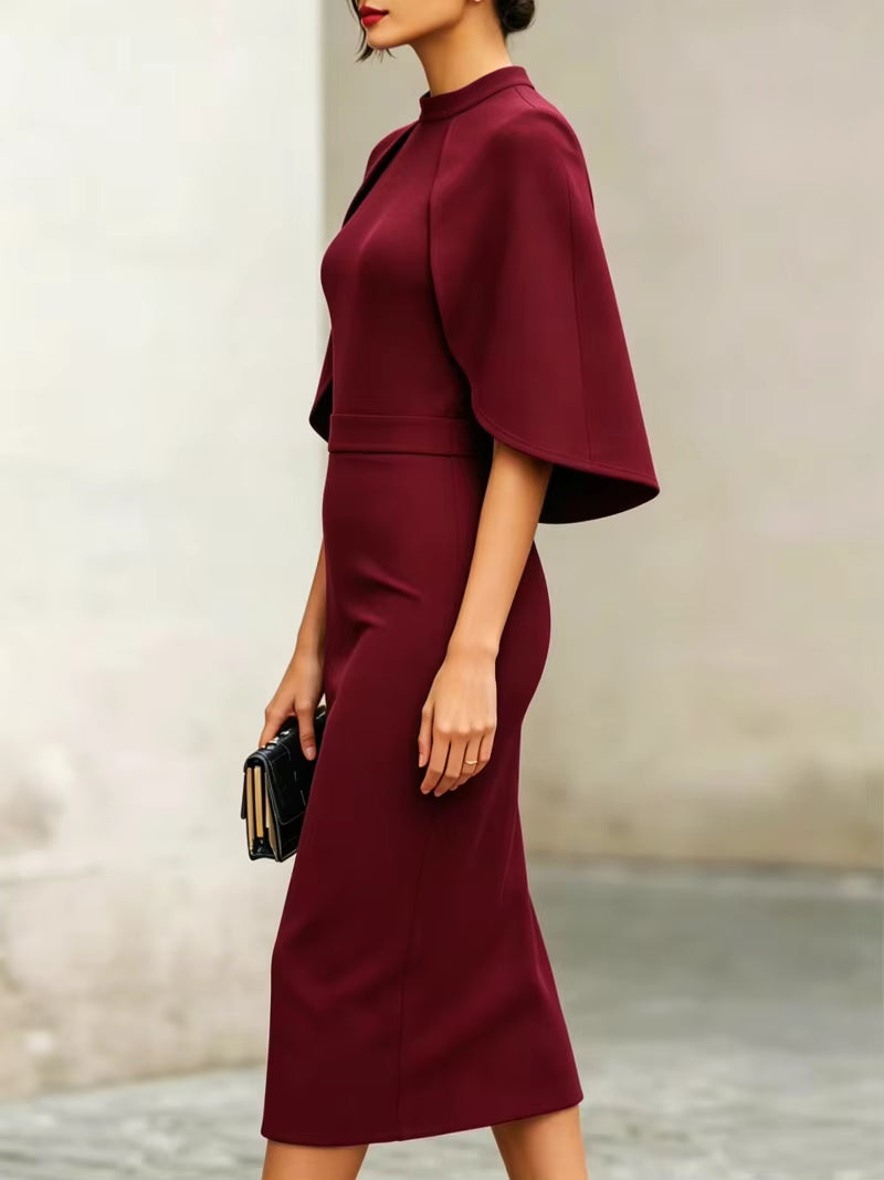 Maribel | Vestido Midi Lápiz con Capa Incorporada y Cuello Alto