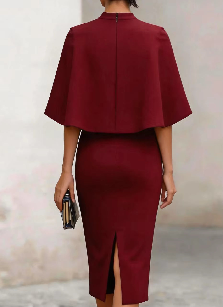 Maribel | Vestido Midi Lápiz con Capa Incorporada y Cuello Alto