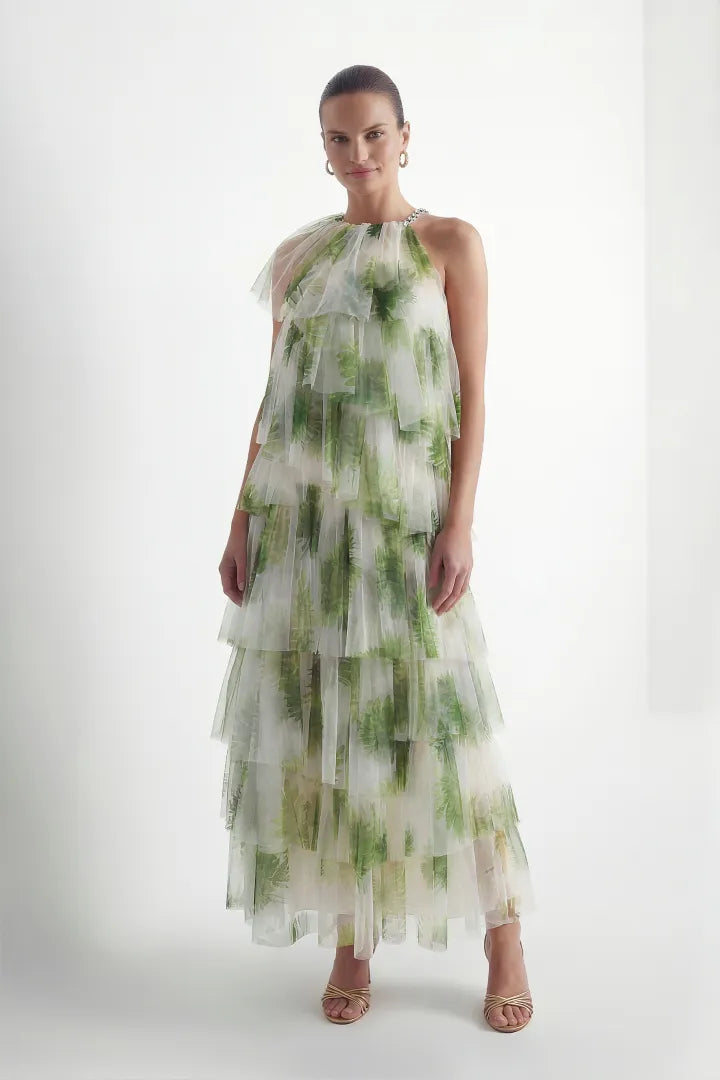 Penelope | Vestido Maxi de Tul con Volantes y Estampado de Hojas Verdes