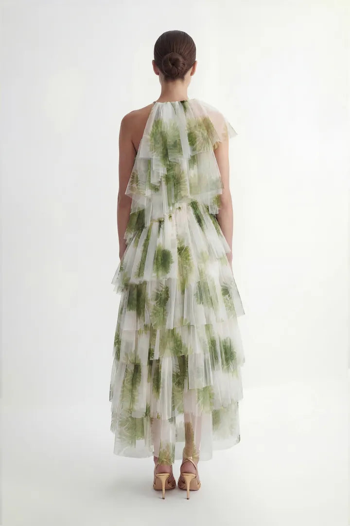 Penelope | Vestido Maxi de Tul con Volantes y Estampado de Hojas Verdes
