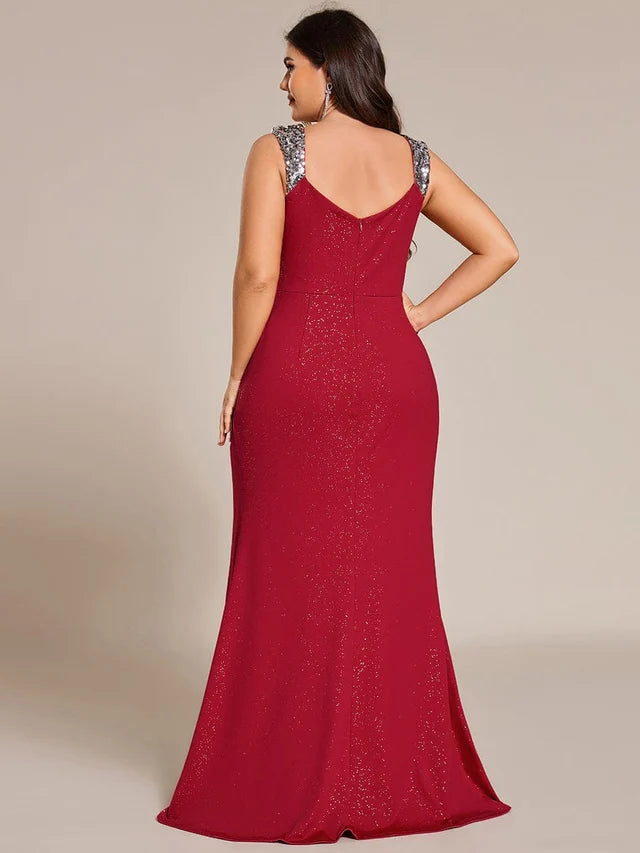 Rosa | Vestido Largo Brillante con Escote en V, Lentejuelas y Abertura