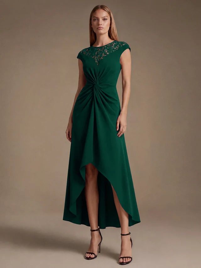 Sophie | Vestido Midi Verde Esmeralda con Encaje y Nudo en la Cintura