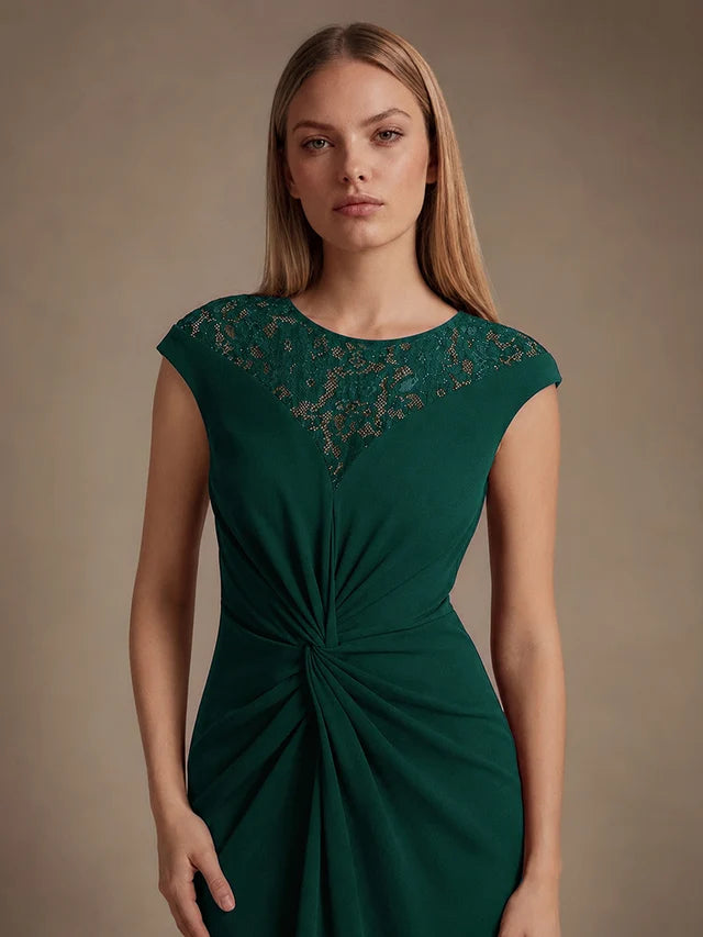 Sophie | Vestido Midi Verde Esmeralda con Encaje y Nudo en la Cintura