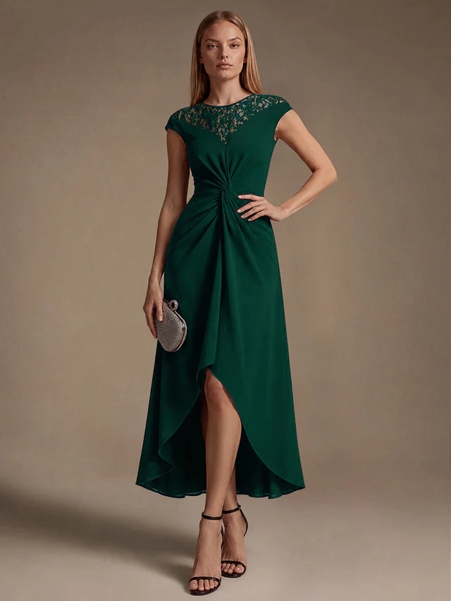 Sophie | Vestido Midi Verde Esmeralda con Encaje y Nudo en la Cintura