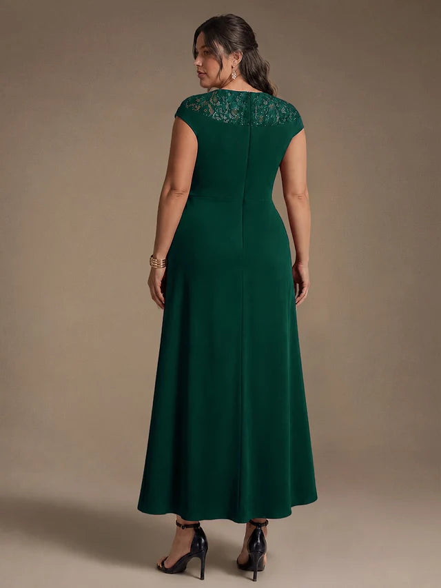 Sophie | Vestido Midi Verde Esmeralda con Encaje y Nudo en la Cintura