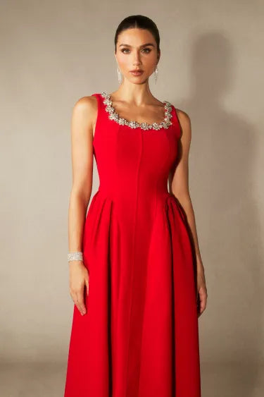 Teresa | Vestido midi sin mangas con adornos de cristal de Anita