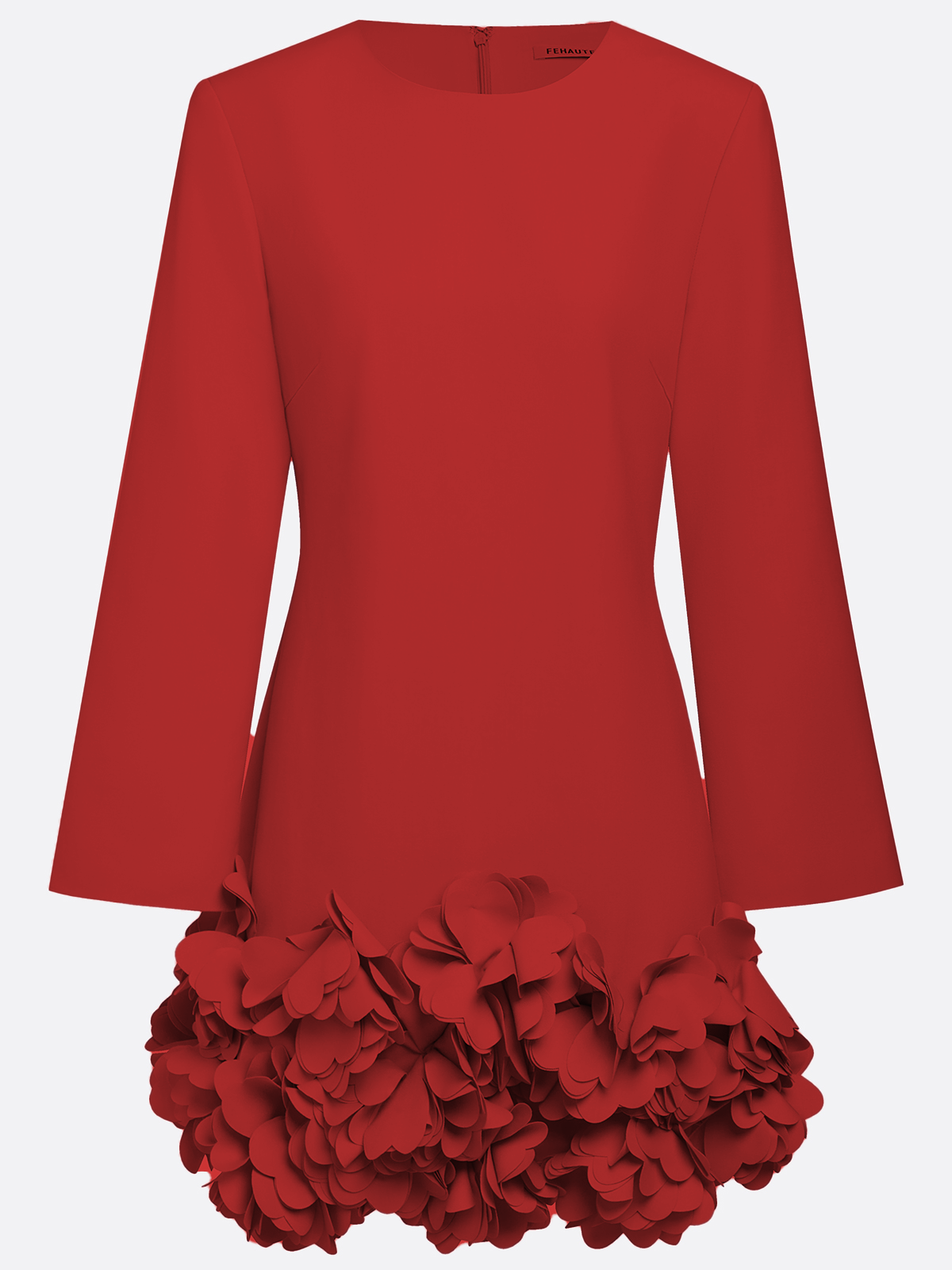 Carmen | Vestido corto rojo carmín con volumen floral 3D en el bajo