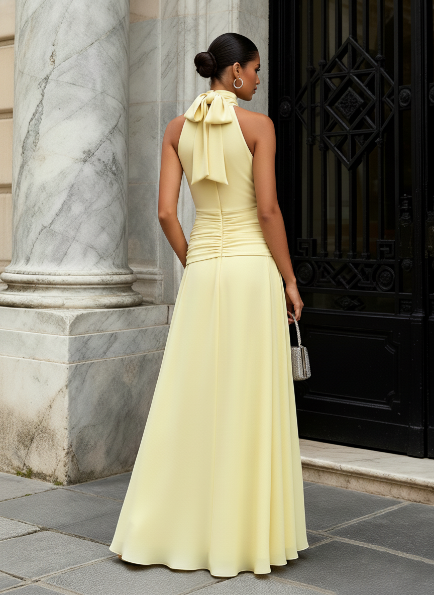 Sole | Vestido largo amarillo con cuello halter y lazo – elegancia atemporal
