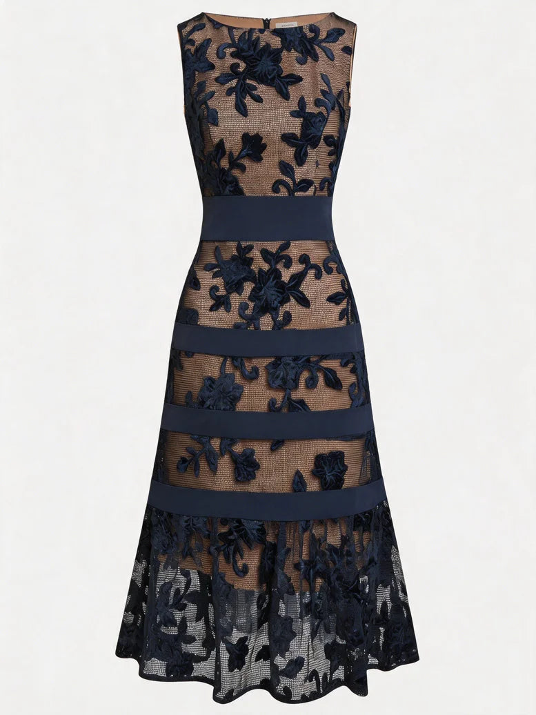 Teresa | Vestido midi de encaje floral azul marino con paneles semitransparentes