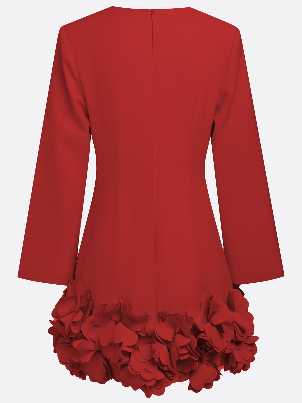 Carmen | Vestido corto rojo carmín con volumen floral 3D en el bajo